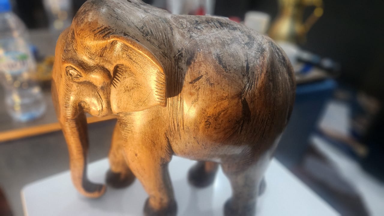 Vintage Indian Hand-Carved Sandalwood Elephant Sculpture – Detailed Art Deco Style